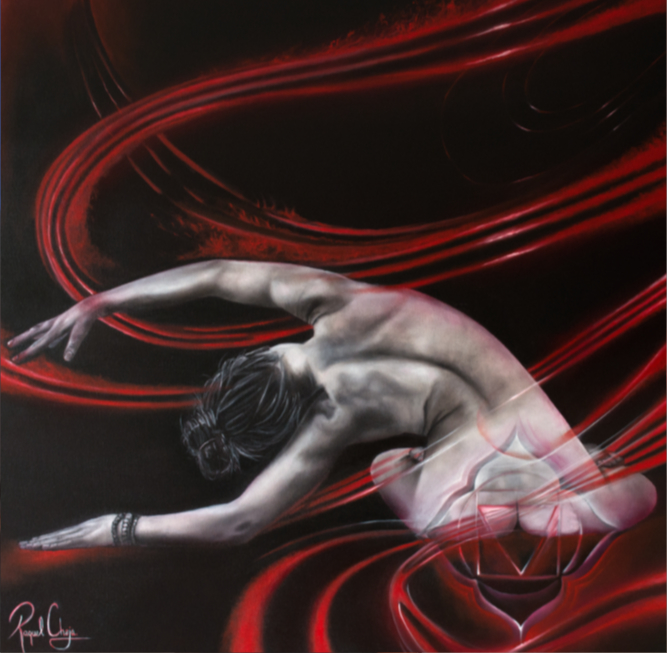 Figura monocromática sobre fondo negro con trazos rojos envolventes.