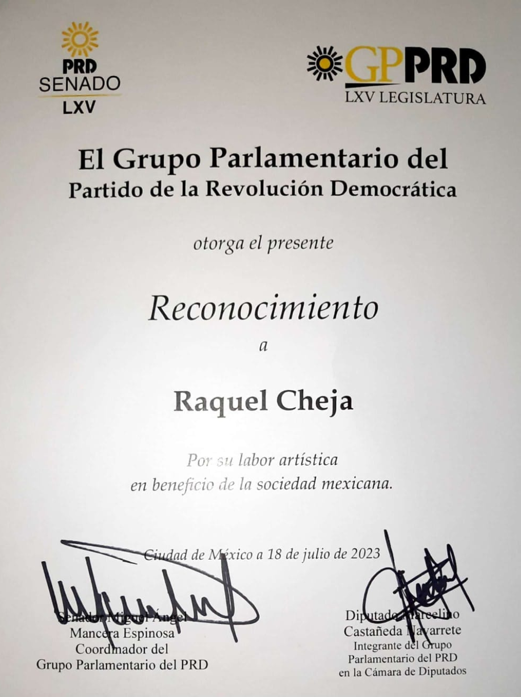 Reconocimiento Grupo Parlamentario del Partido de la Revolución Democrática